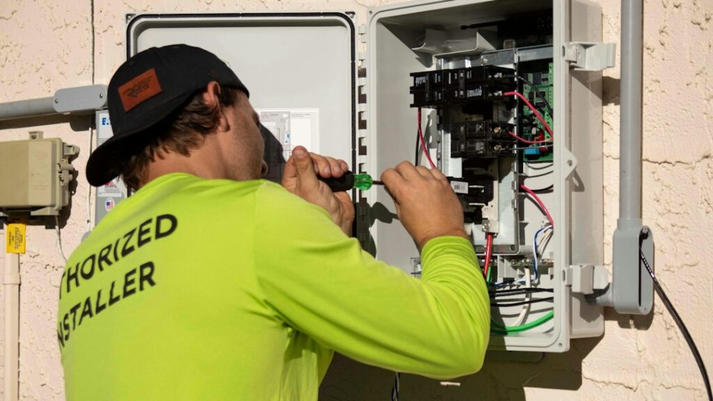 Electrician working on a distribution panel, illustrative